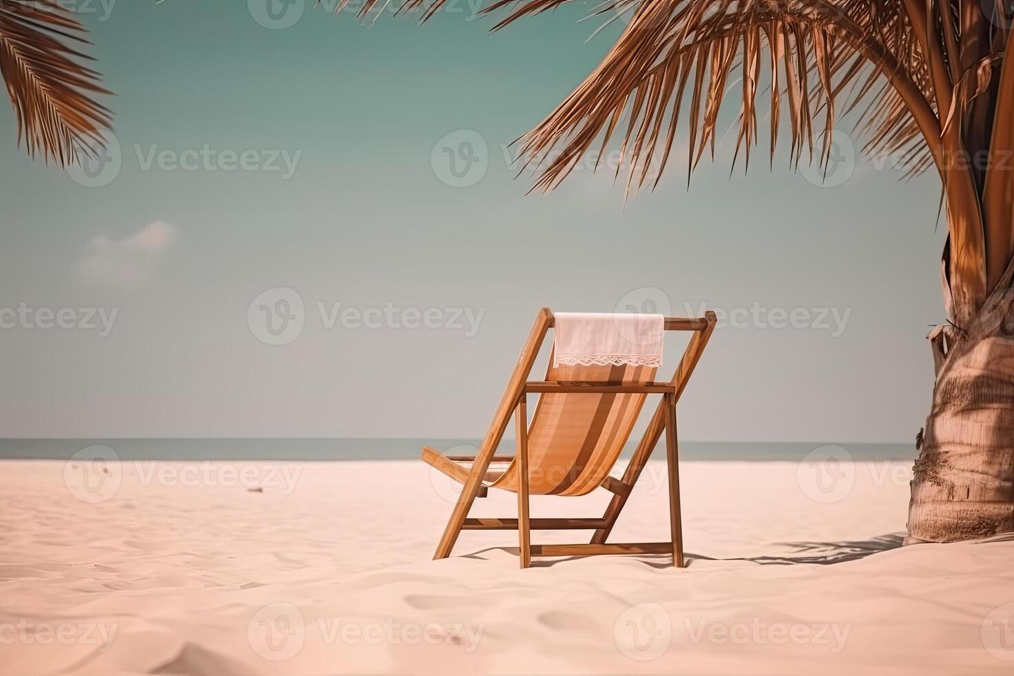 Beach chair near palm tree on tropical beach . Summer vacation concept. photo