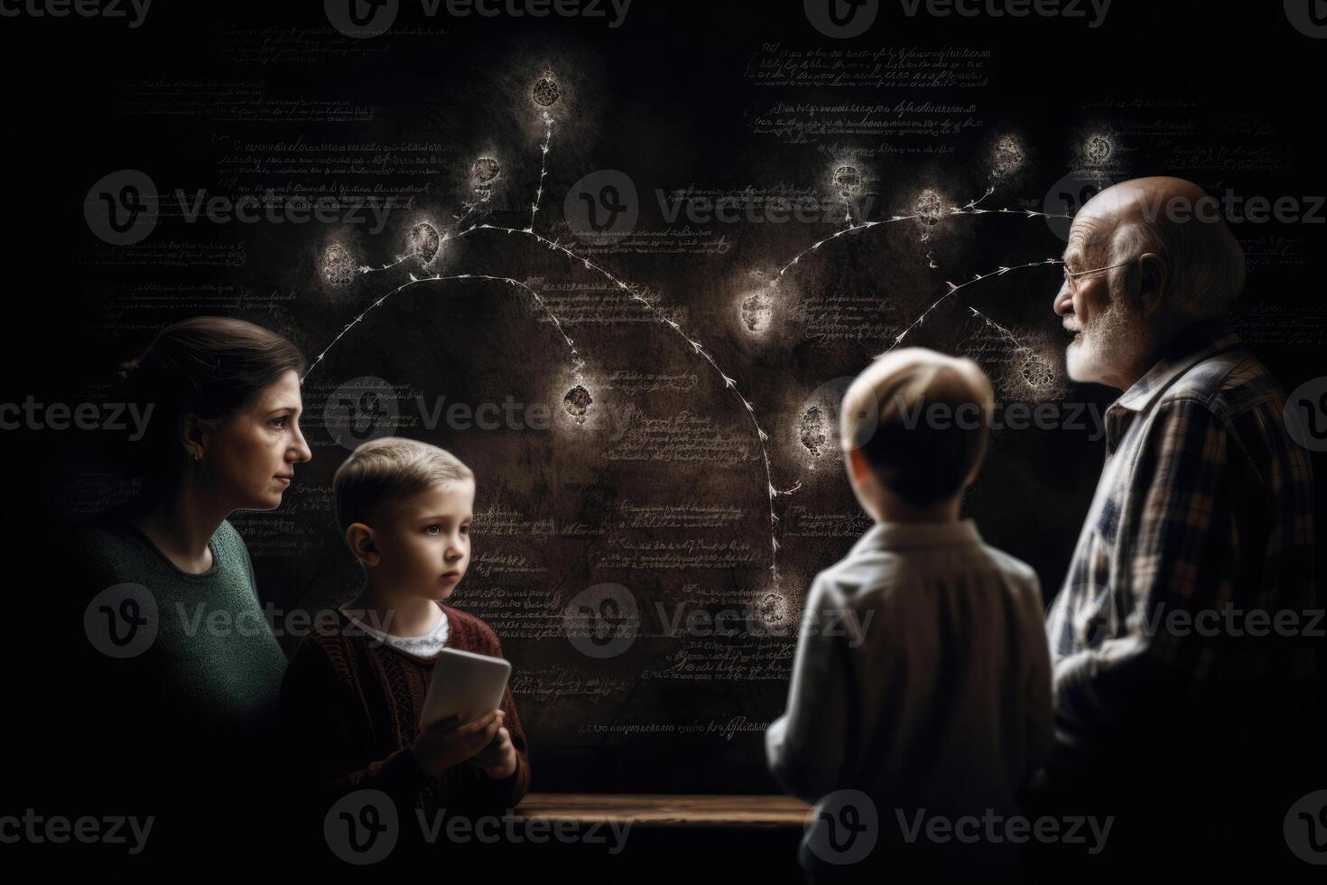 Different generations of family stand together against dark abstract background. photo