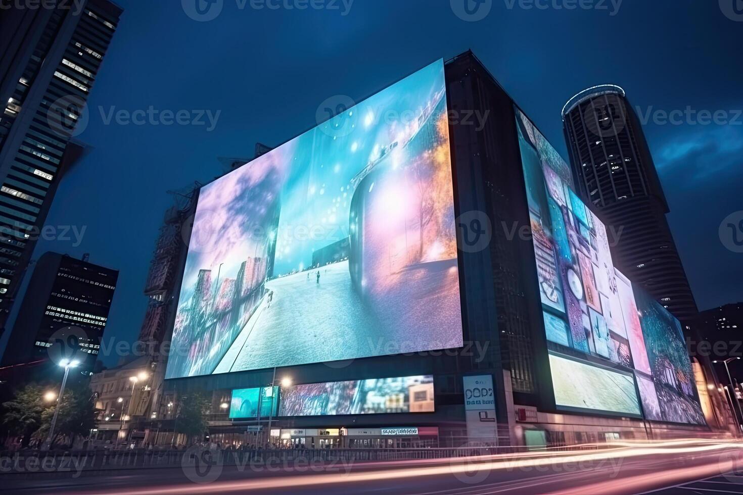 futurista neón ciudad con cartelera a calle. generativo ai foto