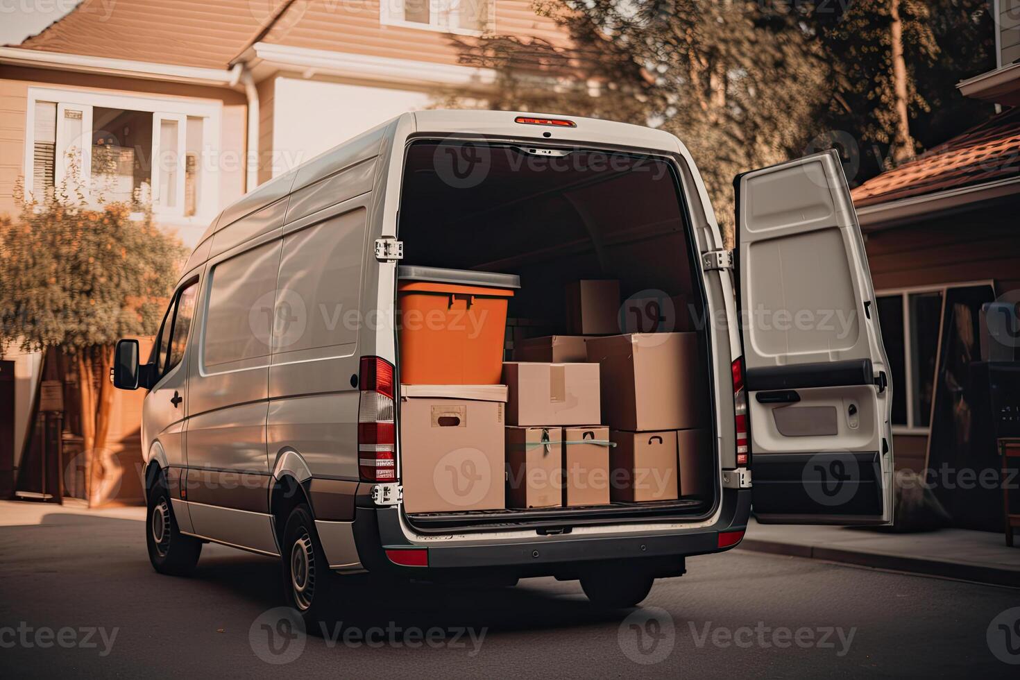 Open cargo van with cardboard boxes, moving concept. photo