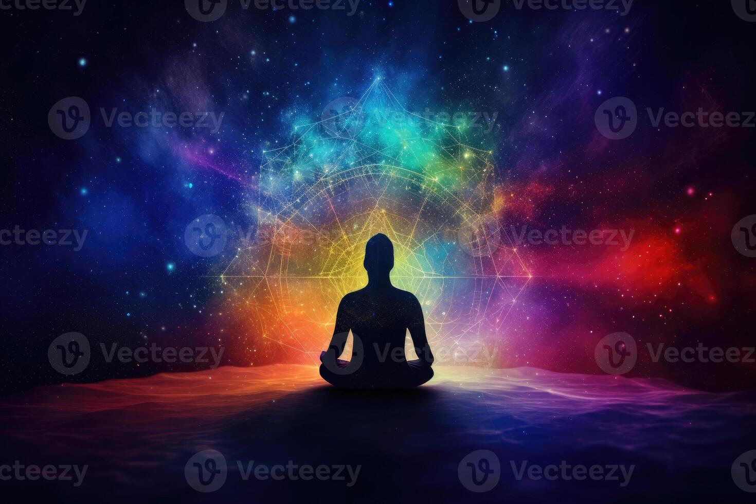 Body silhouette in lotus pose against cosmic background. photo