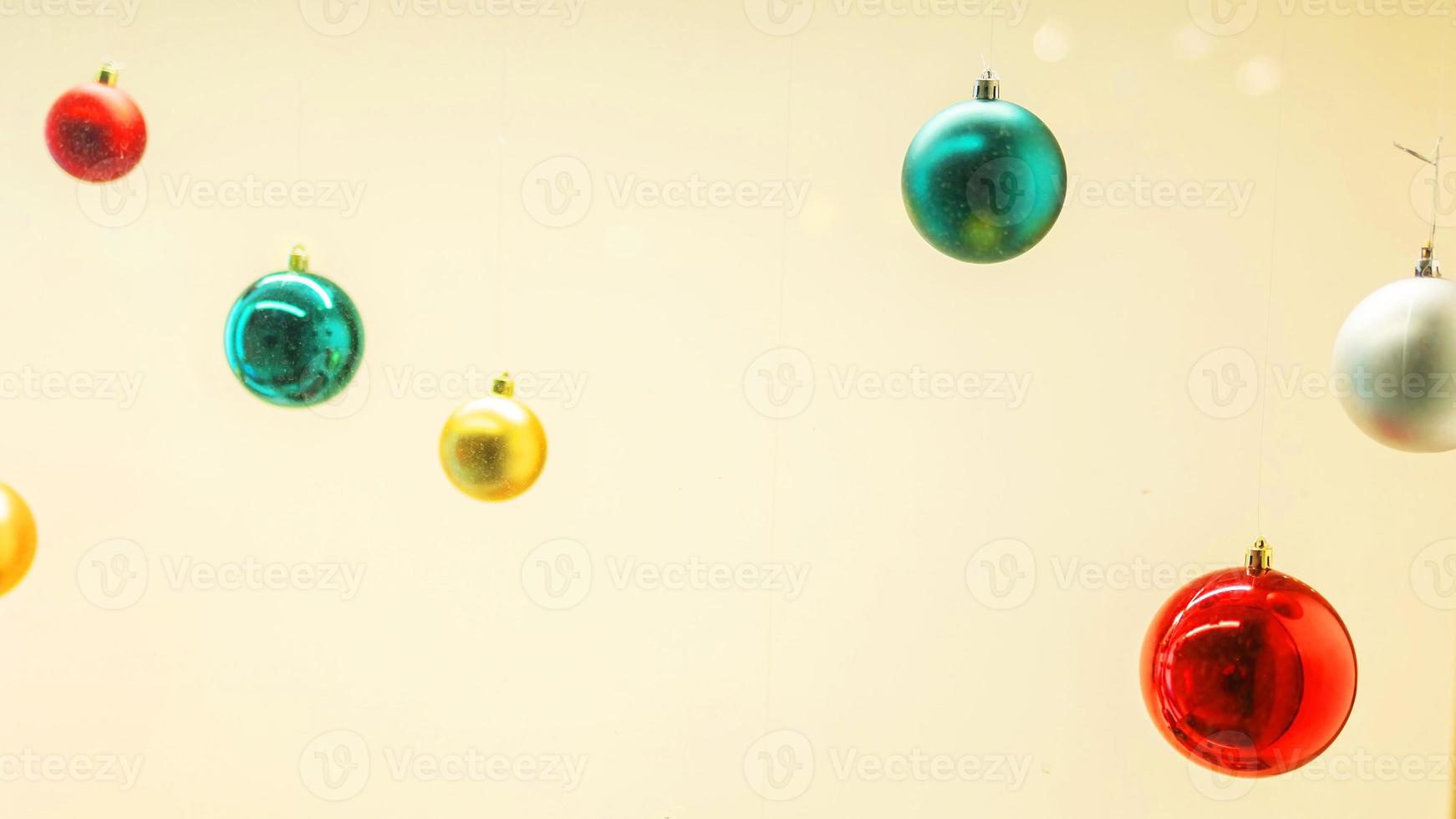 Banner Christmas balls decoration in shopping mall - holidays and xmas decorating concept photo