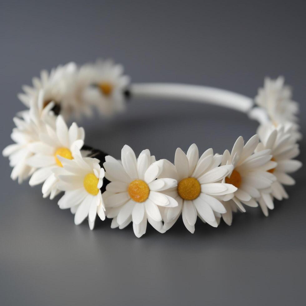 A closeup of a white daisy head band photo