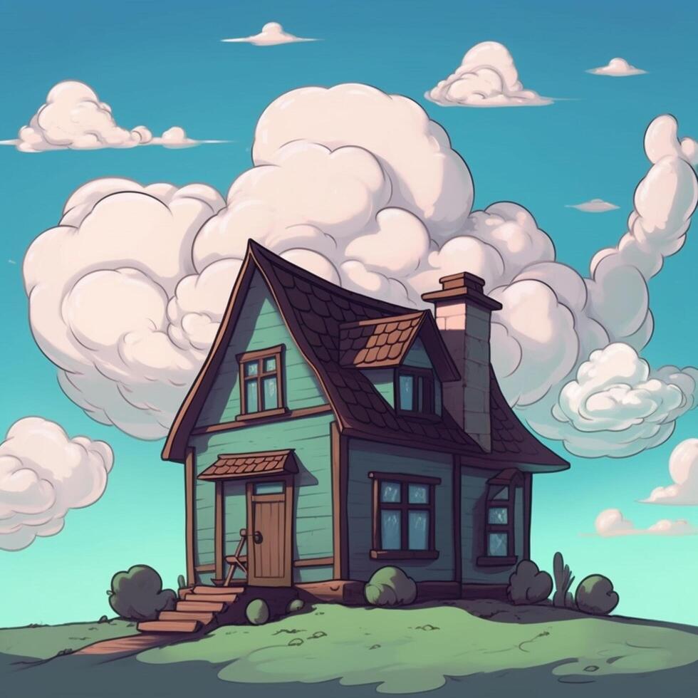 A cartoon house with cloudy sky behind it photo