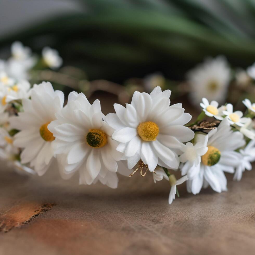 A closeup of a white daisy head band photo