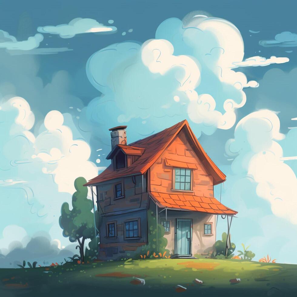 A cartoon house with cloudy sky behind it photo