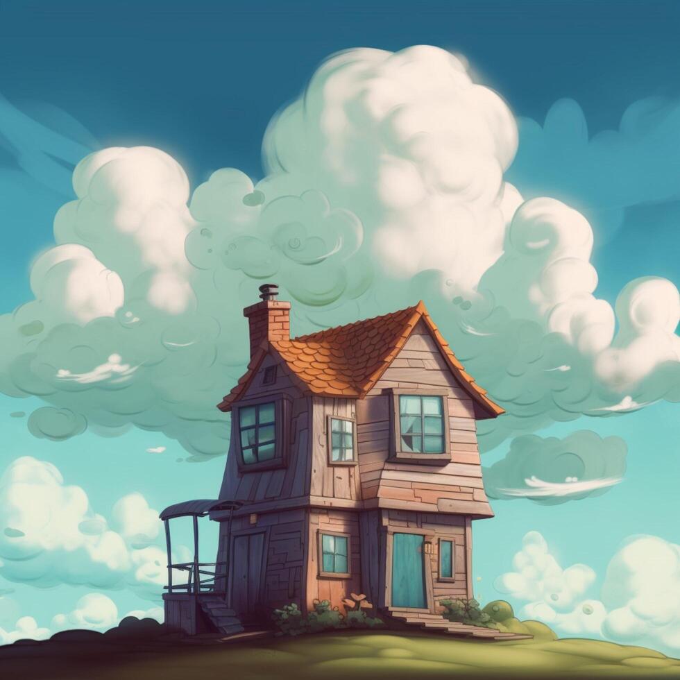 A cartoon house with cloudy sky behind it photo