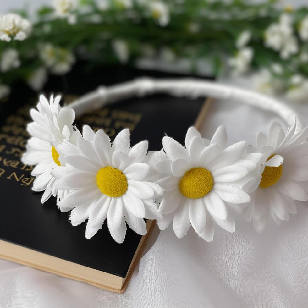 A closeup of a white daisy head band photo