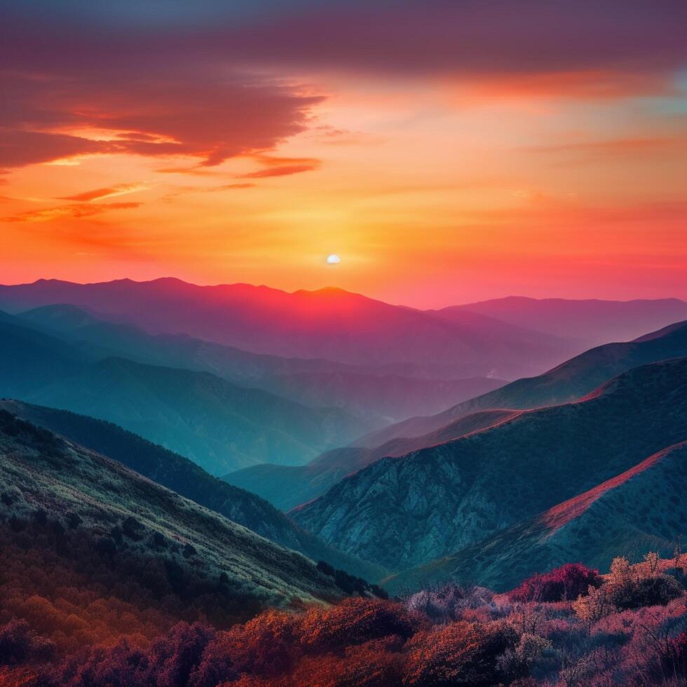 A colorful sunset over a mountain photo