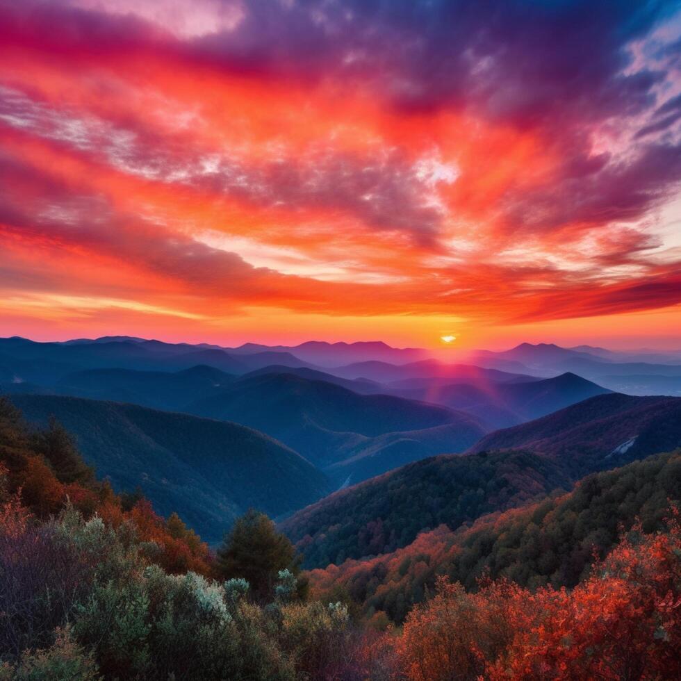 un vistoso puesta de sol terminado un montaña ai generativo foto