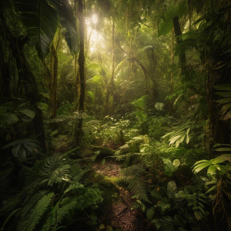 A dense jungle with a green folia photo