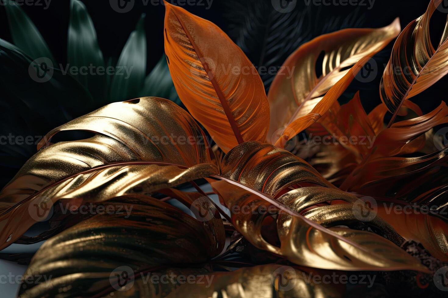 Green and gold tropical palm leaves. Nature spring concept. Minimal abstract jungle or forest pattern. photo