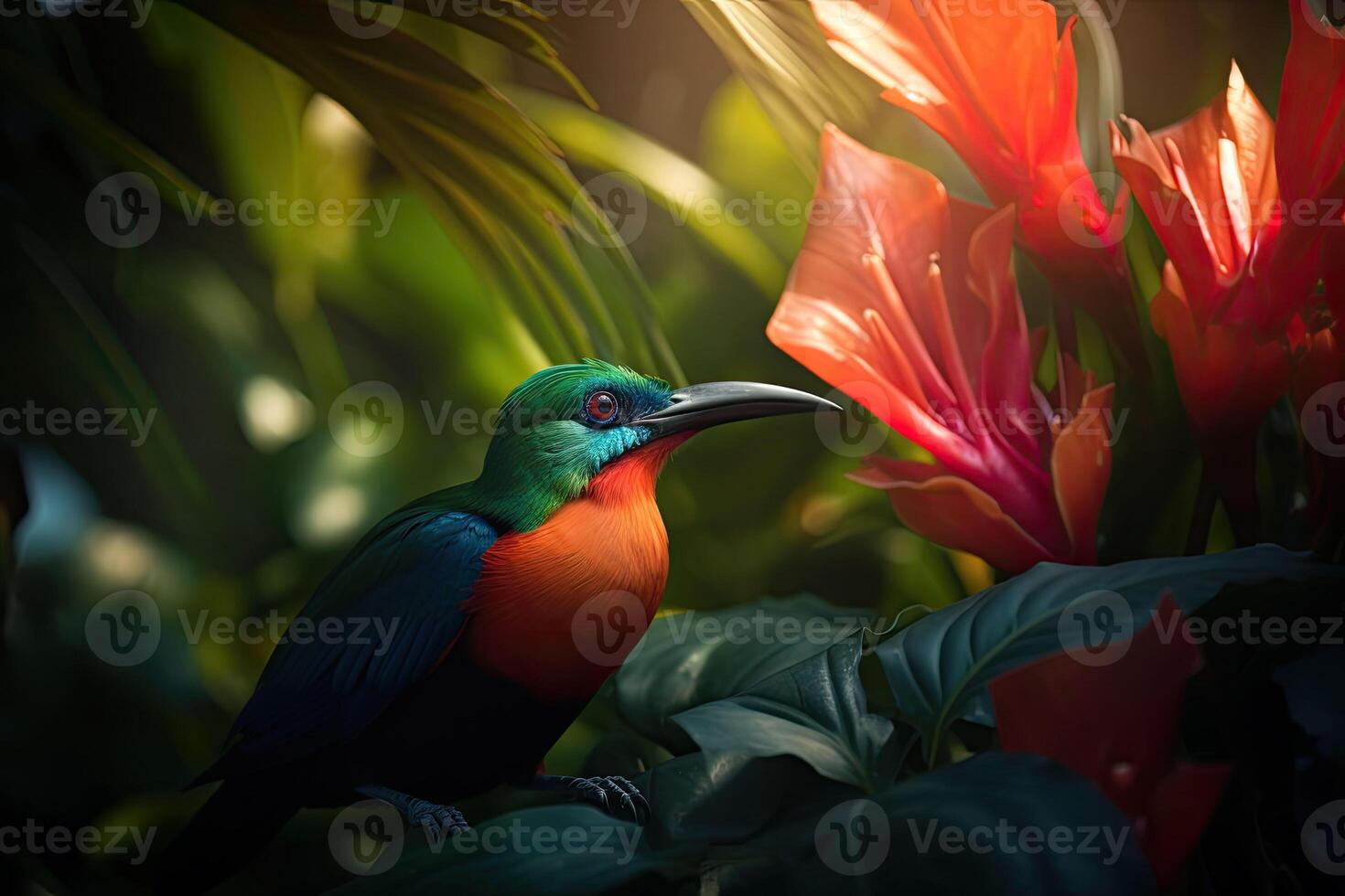 Colored tropical bird and beautiful surreal flowers. photo