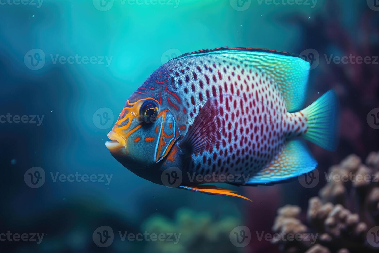 A colorful fish swimming at the bottom of the sea. Coral reef and fish. photo