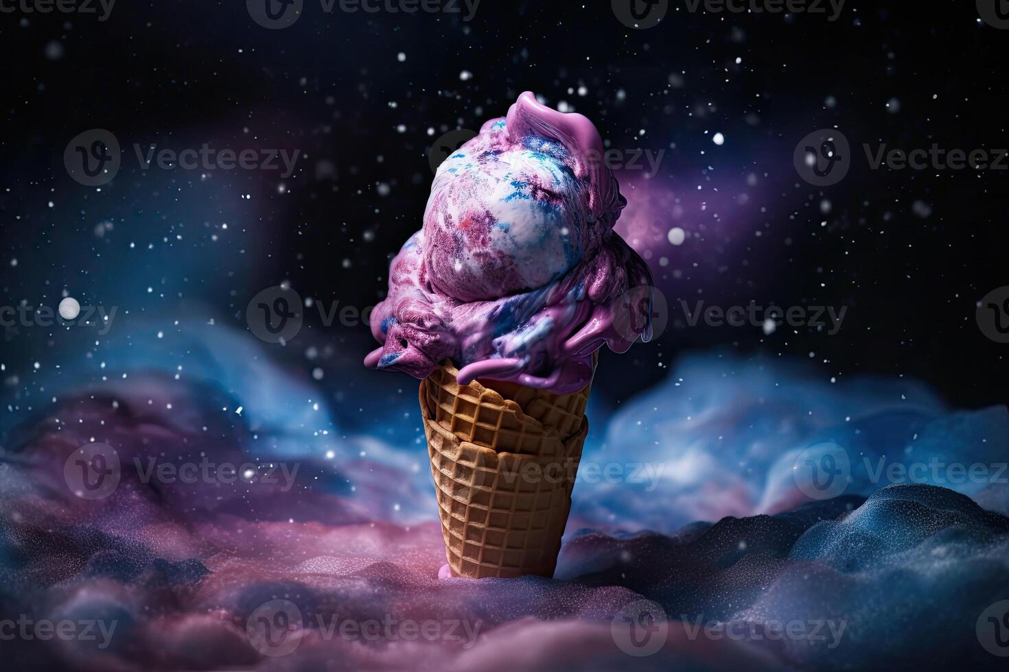 Colorful ice cream on space background. Ice Cream violet and white scoop in waffle cone. photo