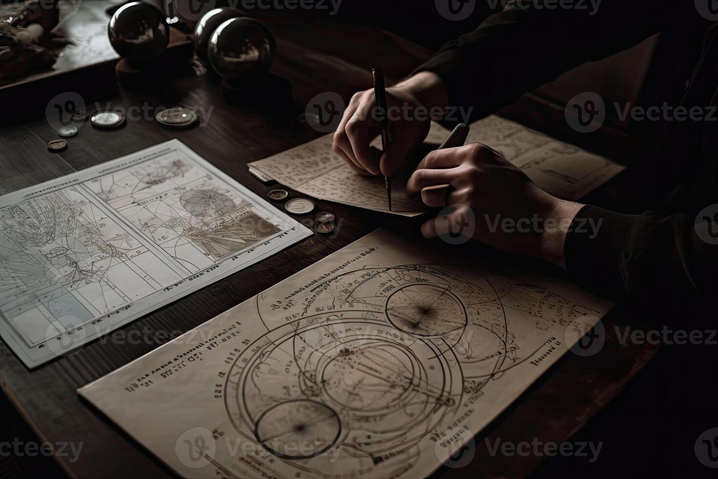 Male hands holding tarot cards. Astrologer calculates natal chart and makes a forecast. photo