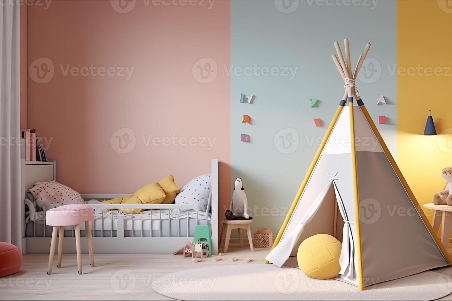 niños habitación con un tienda india, un felpa y de madera juguetes elegante y linda niño habitación decoración. generativo ai foto