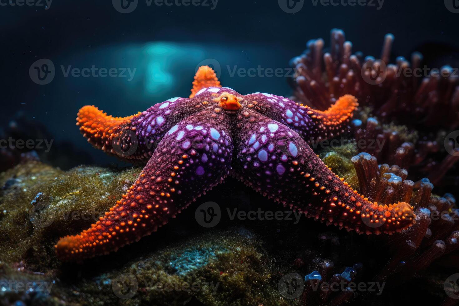 Sea star in a reef colorful underwater landscape background. Star fish in tropical seashore. photo