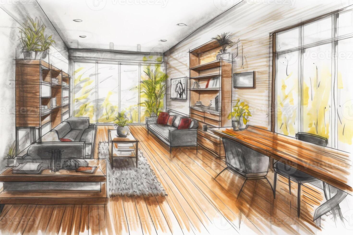 Detail focused hand drawn sketch of the interior of a sleek modern home. photo