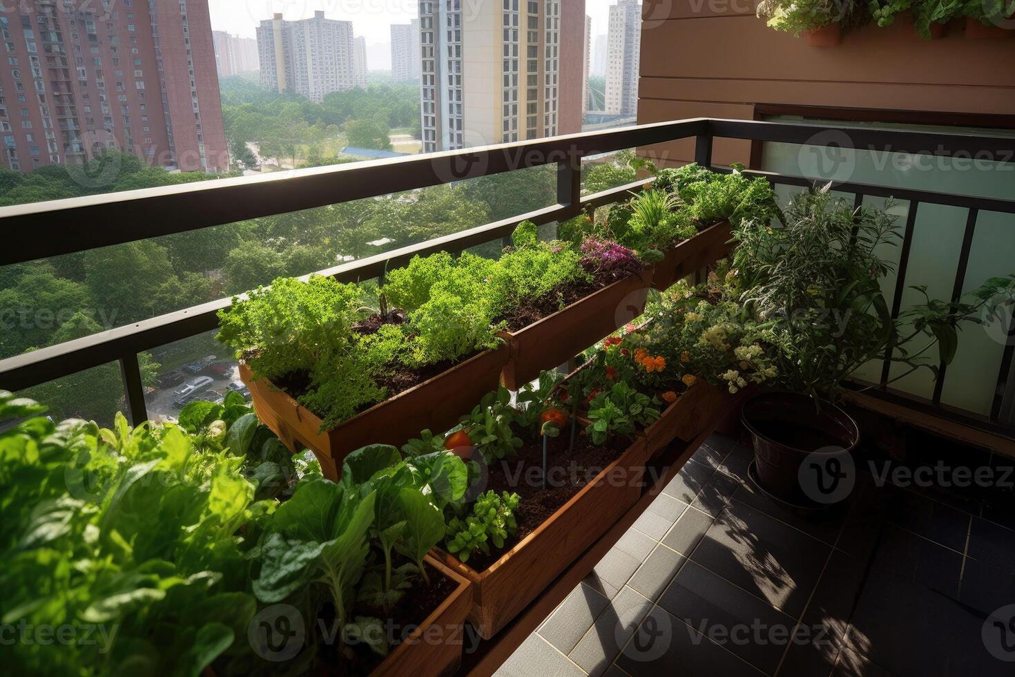 A vegetable and herb garden on a metropolitan apartment balcony with plants growing up the sides. photo