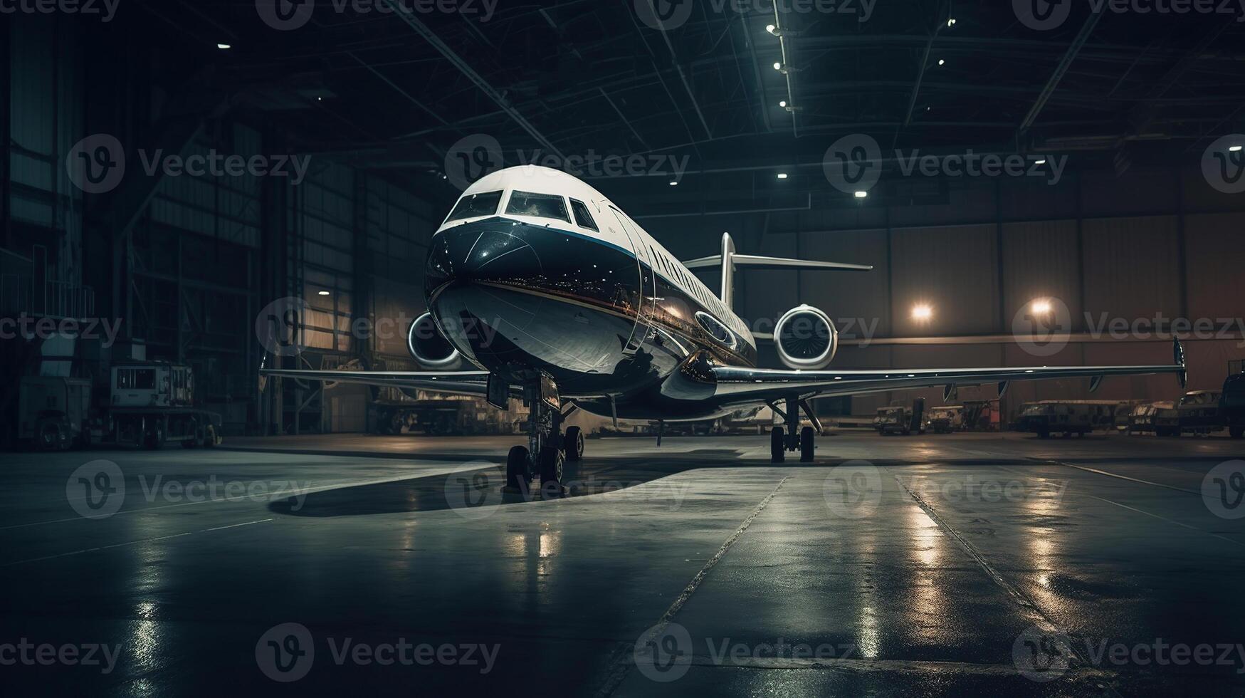 a black private jet standing in a hangar at night, image photo