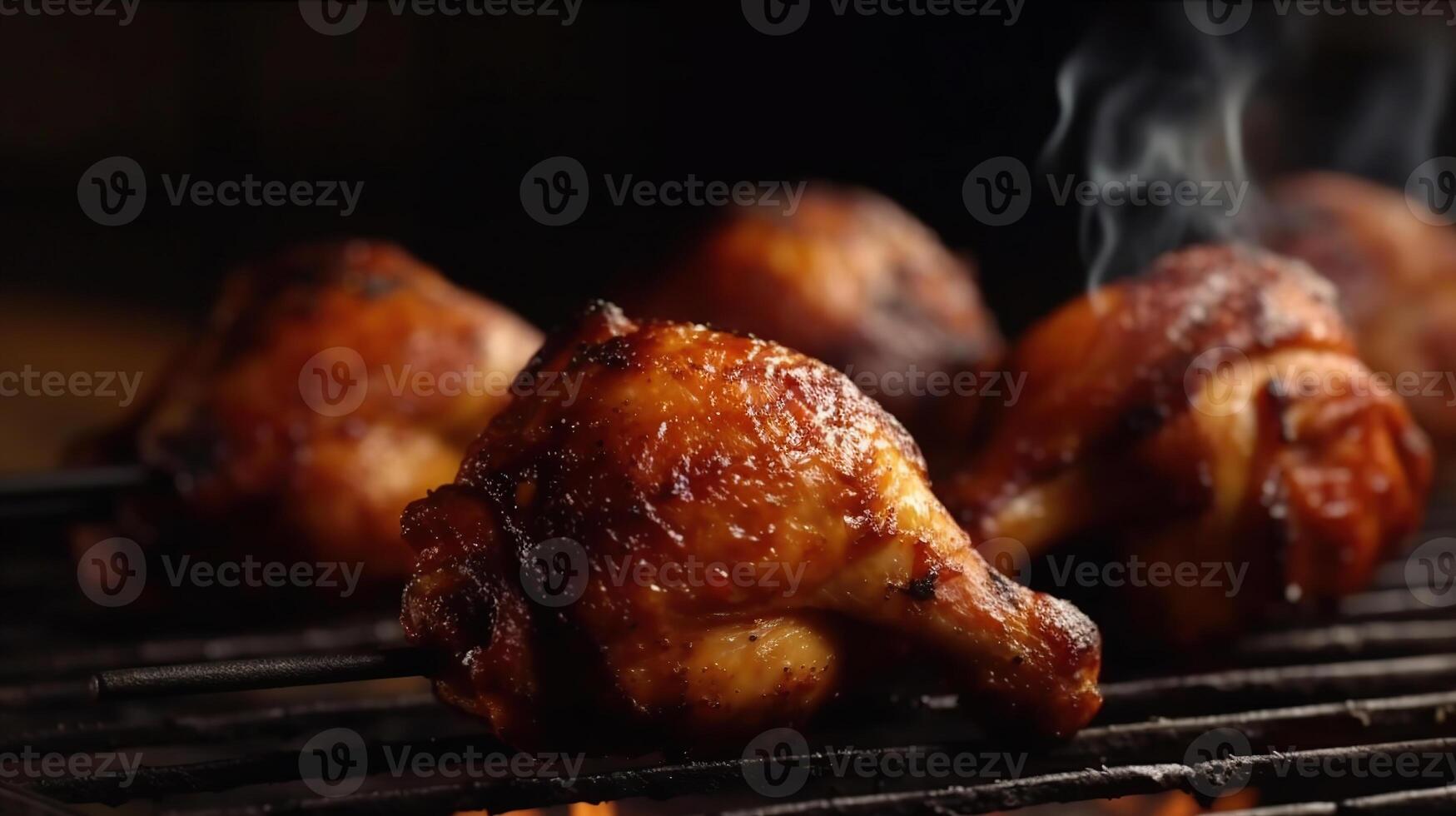 juicy seasoned chicken drumsticks on a grill with smoking, image photo