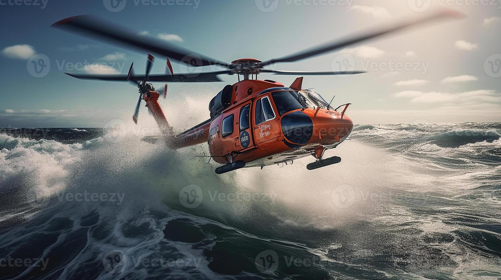 helicopter with a survival swimmer hanging out, image photo