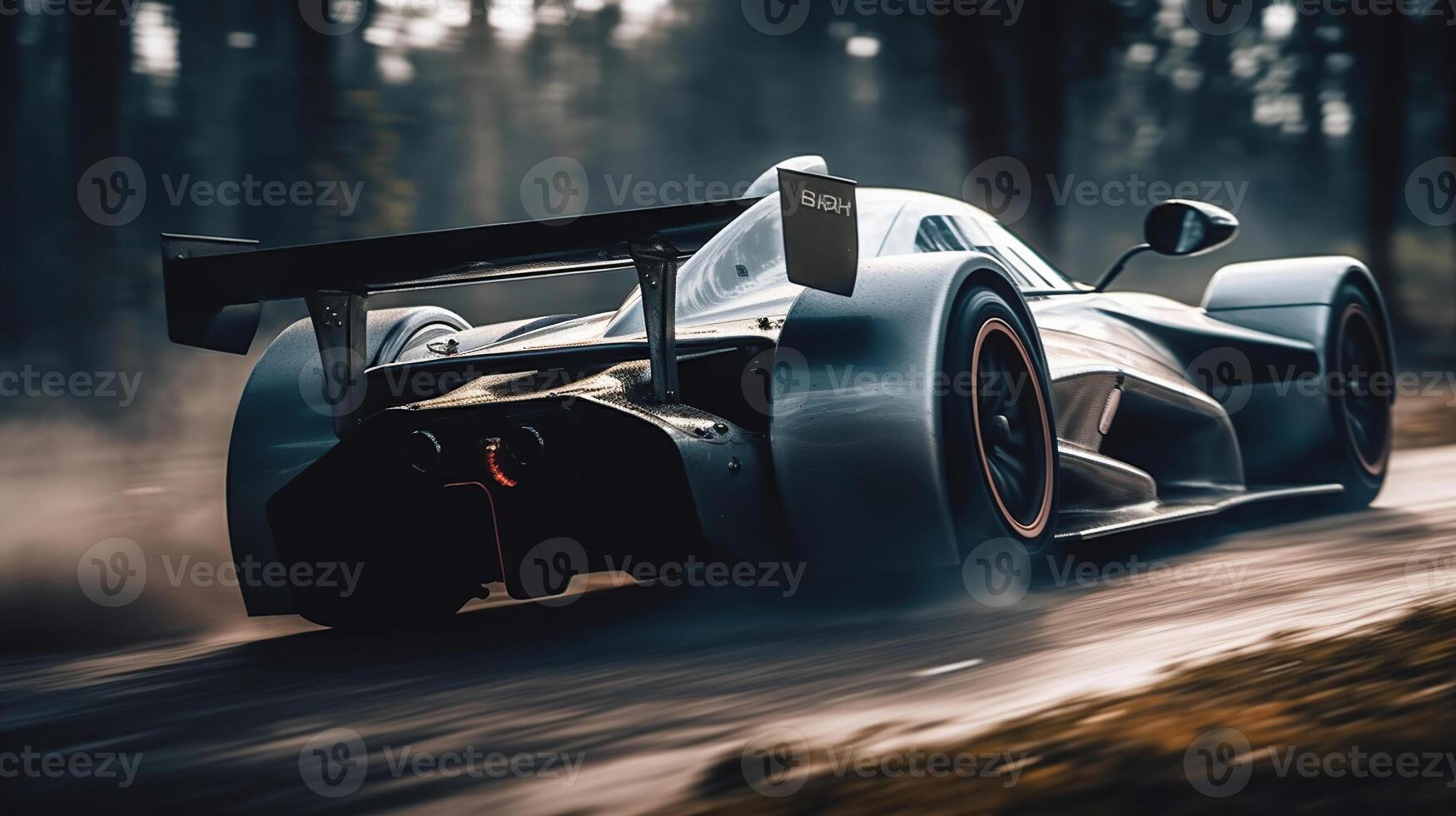 silver race car streaks across the frame, its wheels leaving trails, image photo