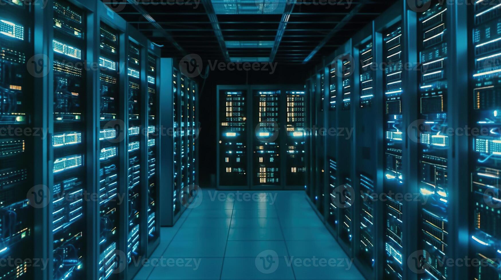 server room, with rows of servers and LED lights, Image photo