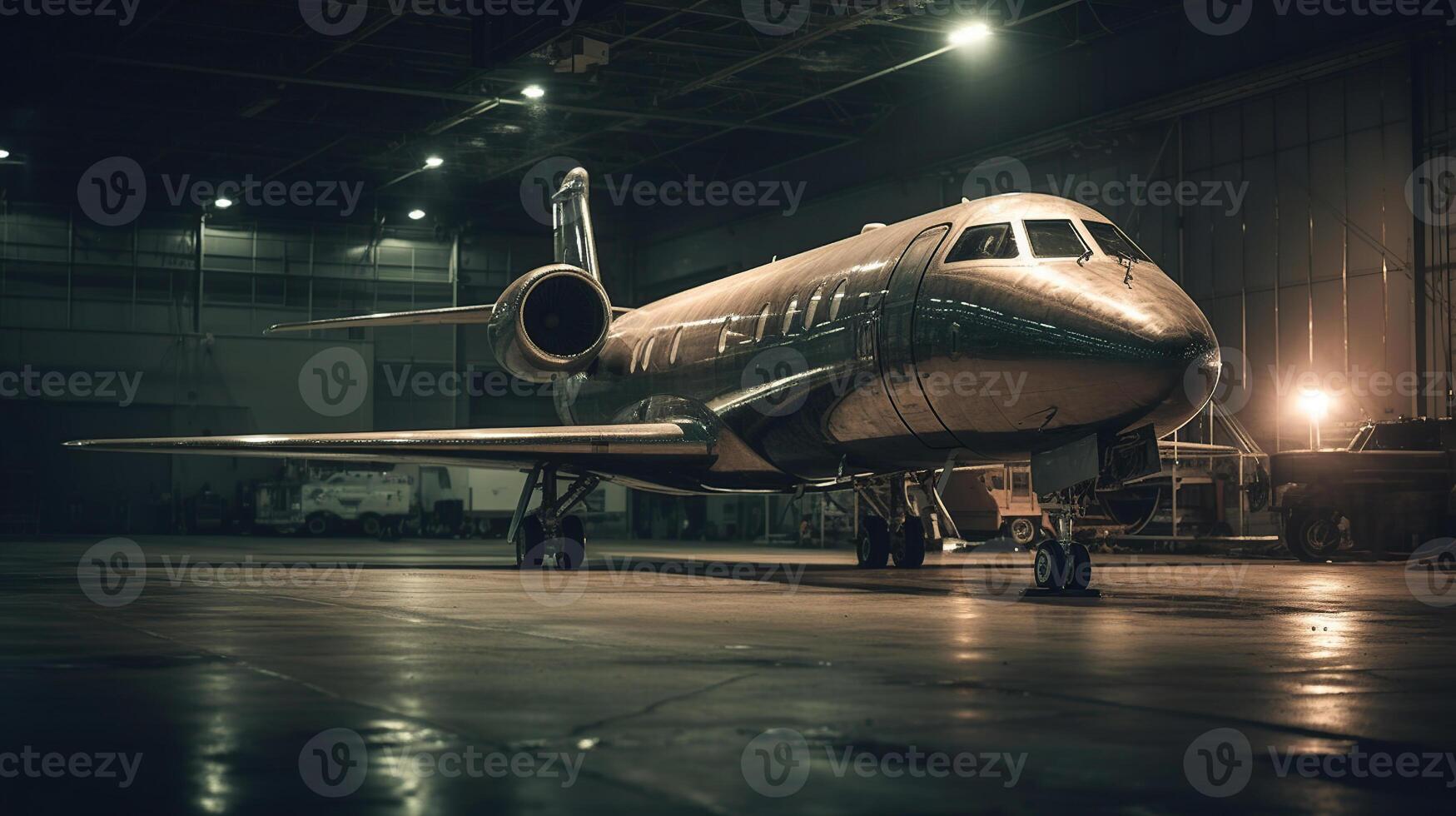 a private jet standing in a hangar at night, image photo