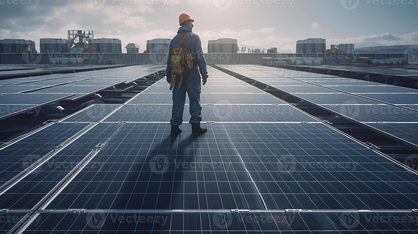 Industrial worker installing solar panels, image photo