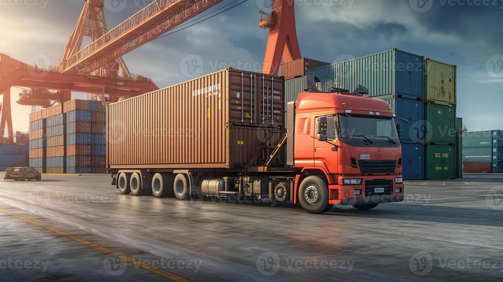 Container truck in ship port , Image photo