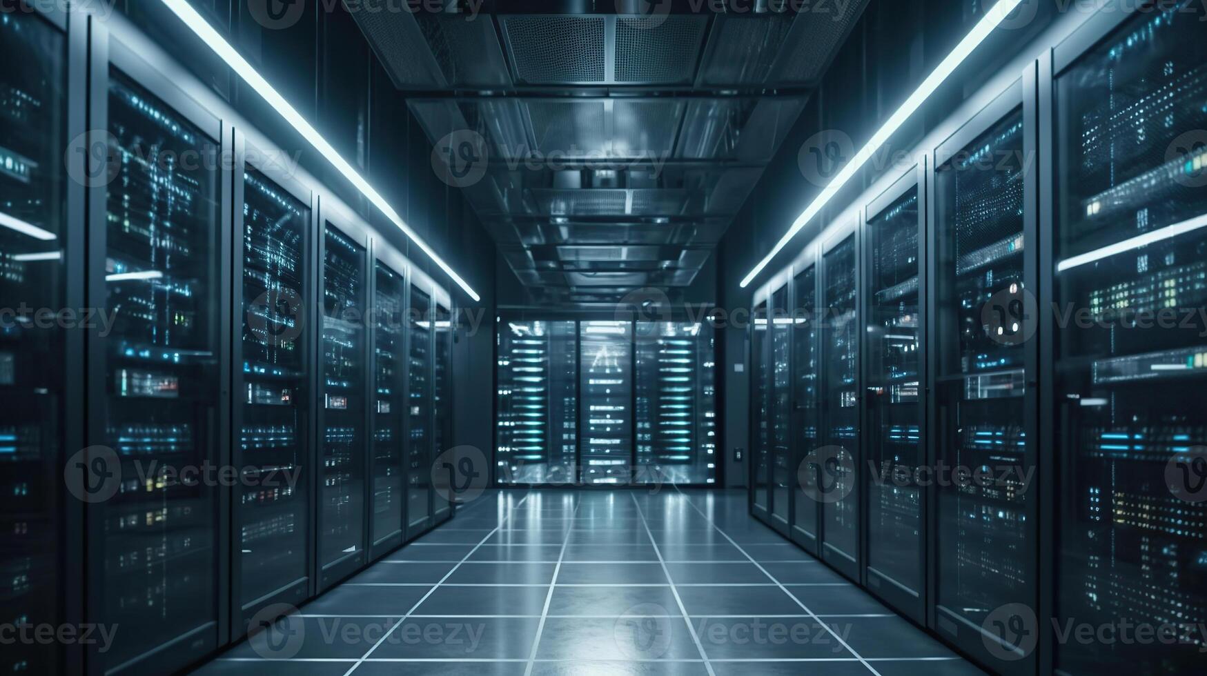 server room, with rows of servers and LED lights, Image photo