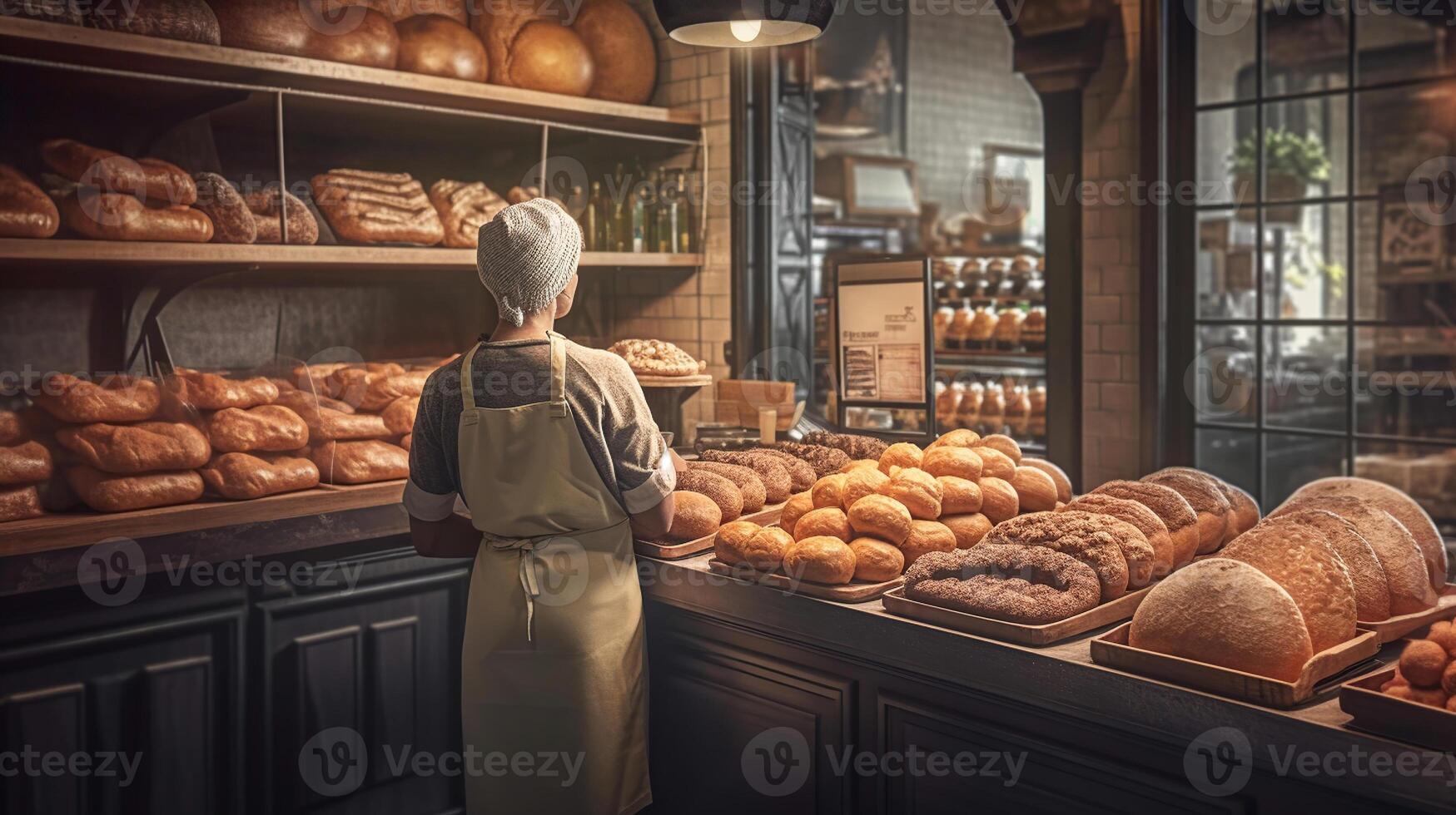 Bakery worker selling fresh tasty pastry and bread, image photo