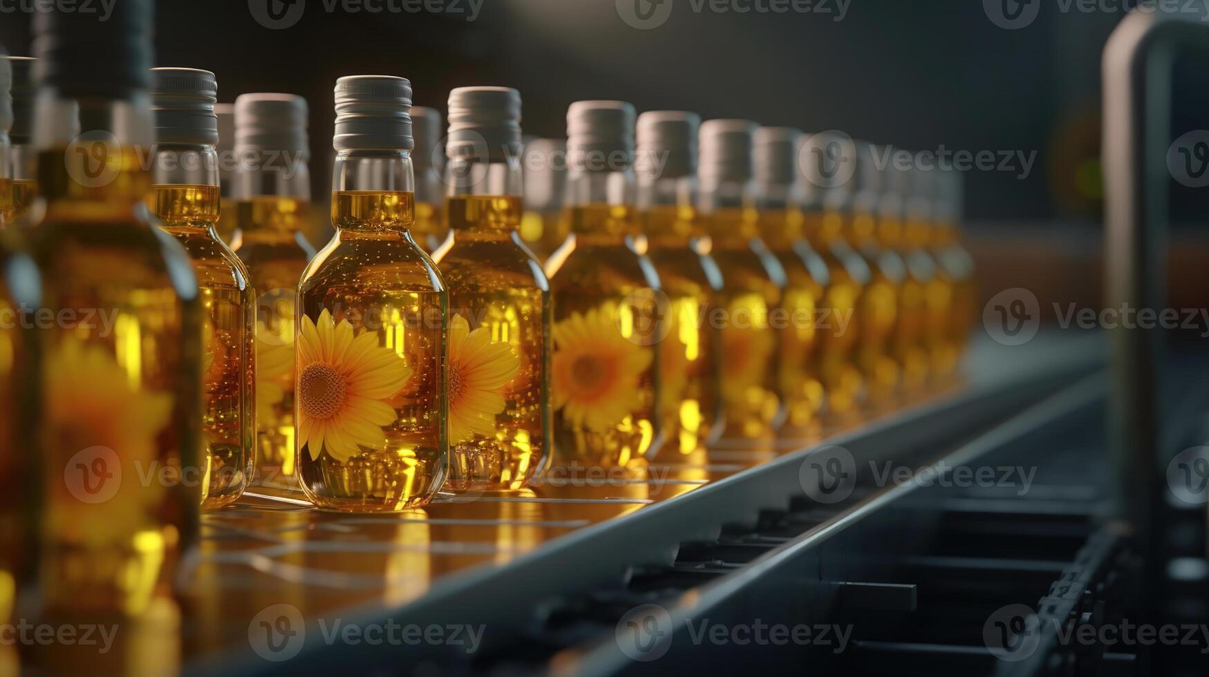 industrial vegetable oil production and bottles filled with sunflower oil , image photo