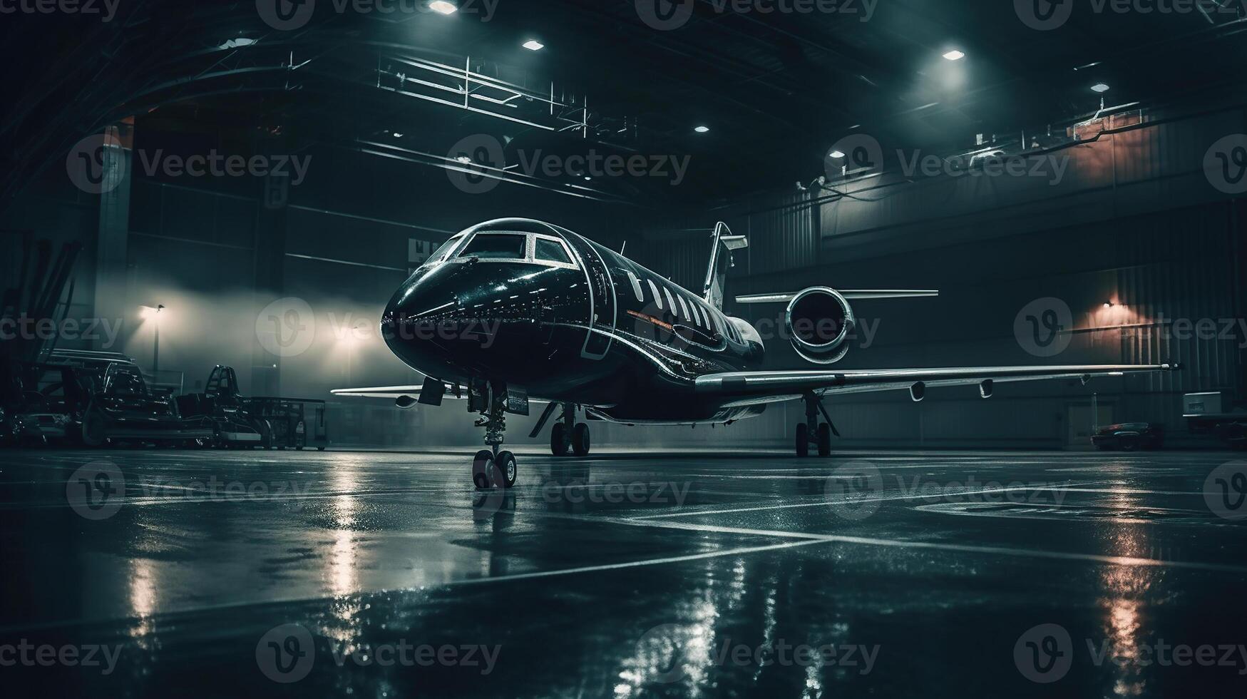 a black private jet standing in a hangar at night, image photo
