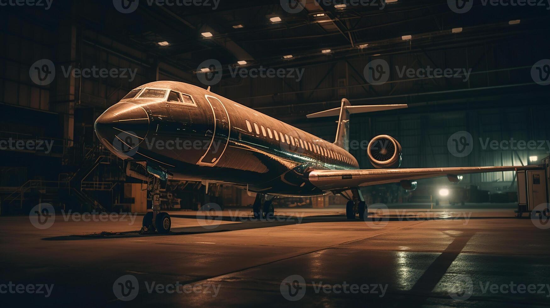 un negro privado chorro en pie en un hangar a noche, generado ai imagen foto