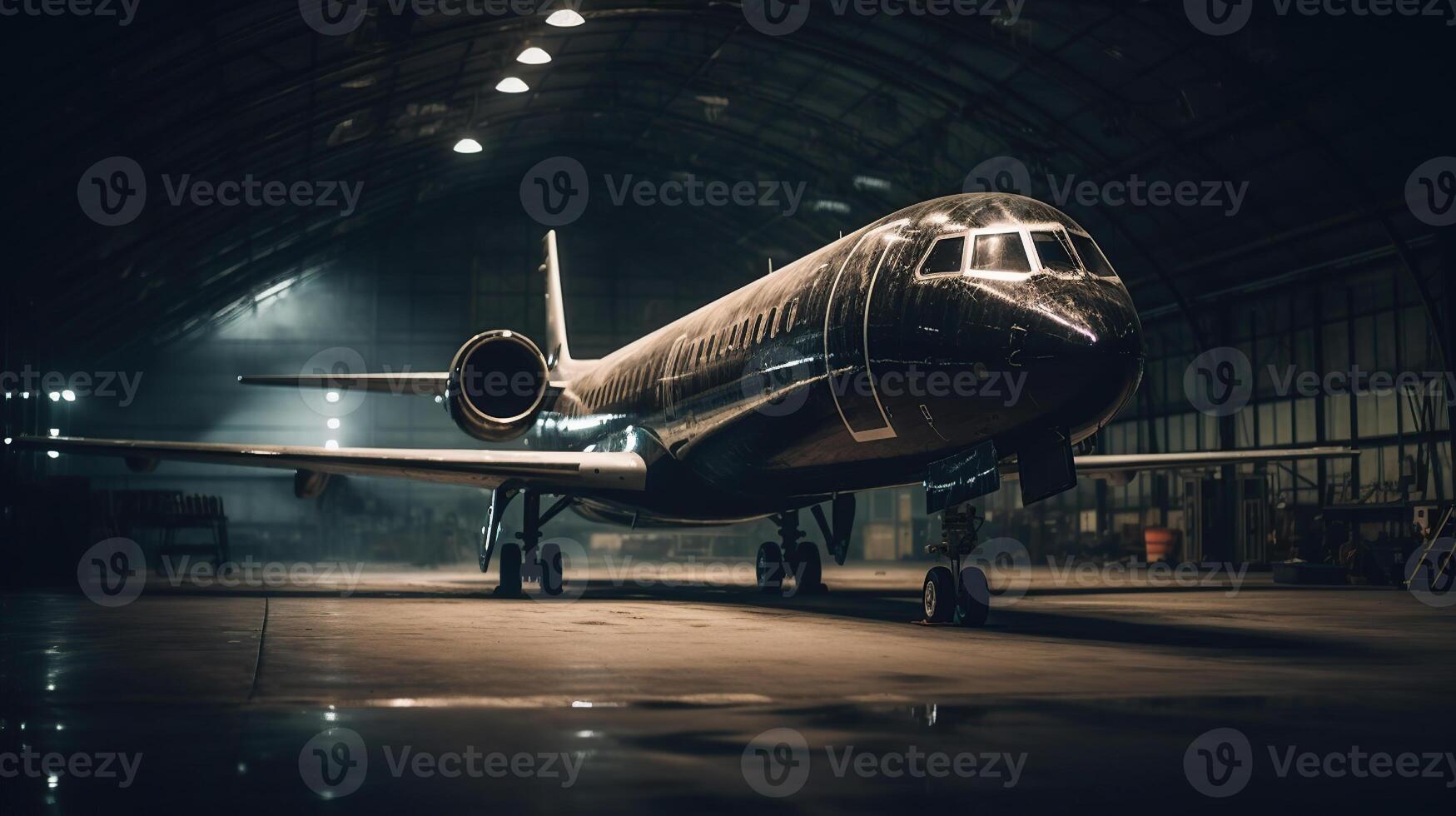 a black private jet standing in a hangar at night, image photo