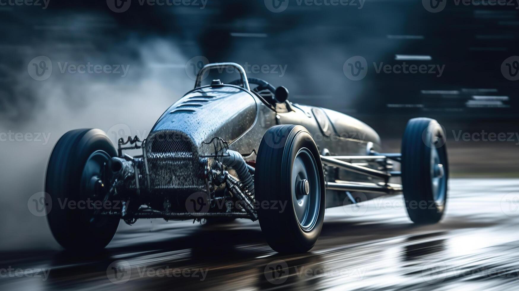 silver race car streaks across the frame, its wheels leaving trails, image photo