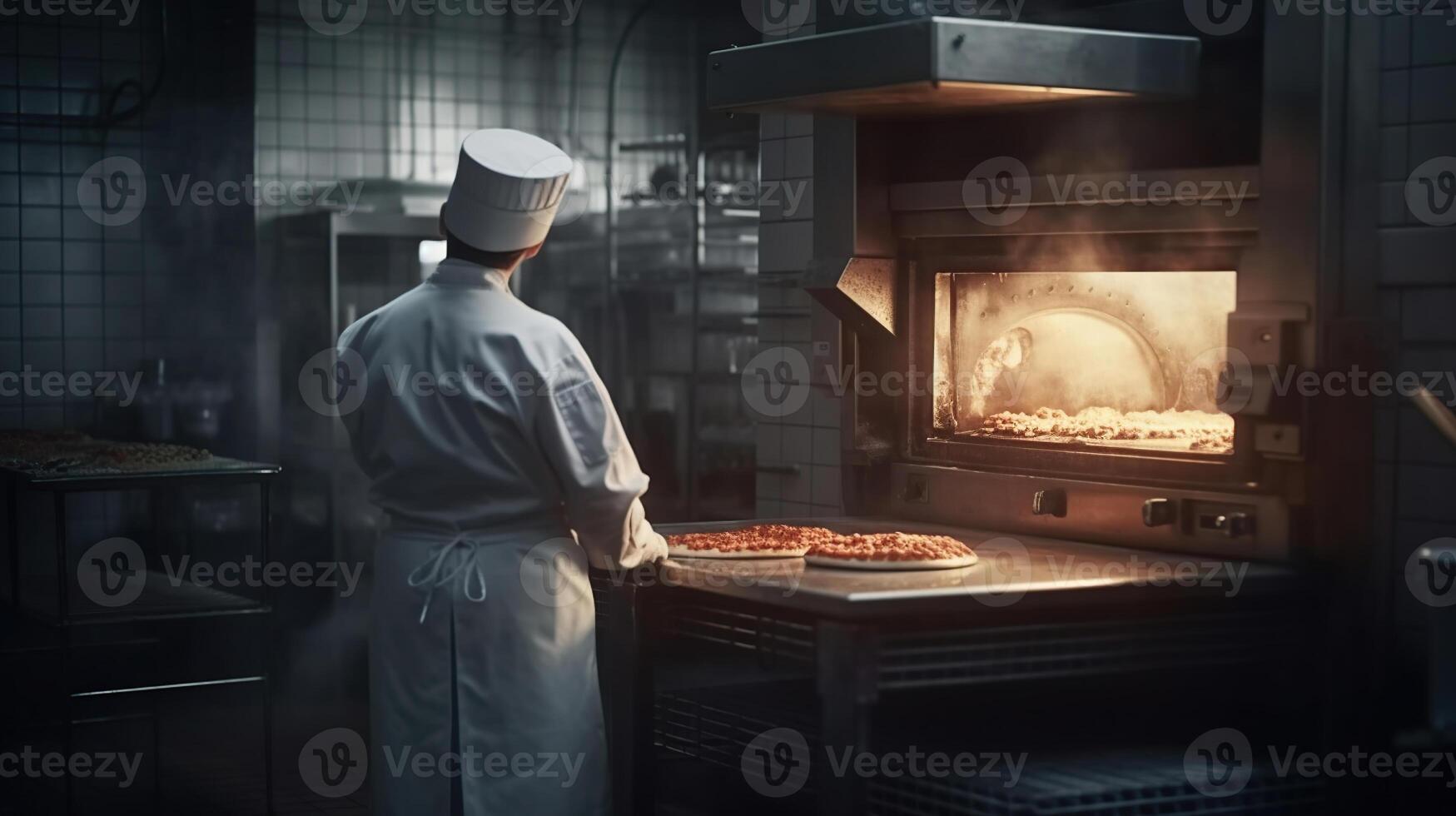 cocinero en blanco uniforme y redecilla poniendo Pizza en el horno, generado ai imagen foto