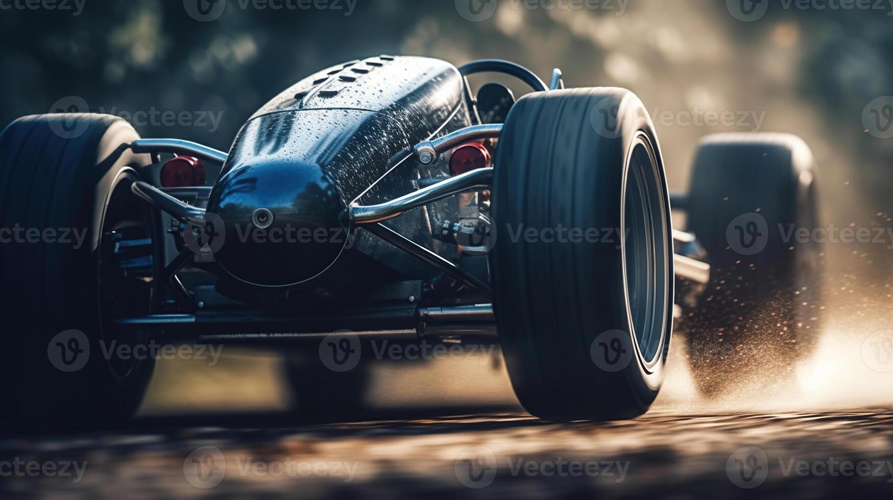 silver race car streaks across the frame, its wheels leaving trails, image photo