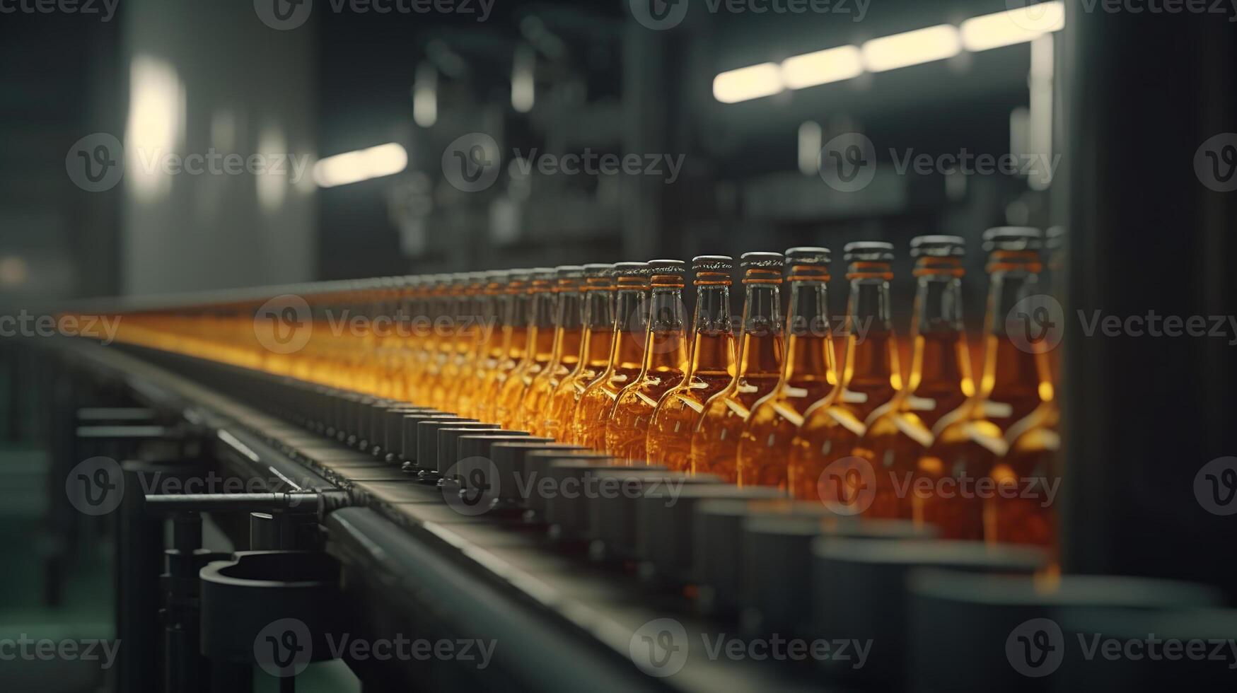 Bottled vegetable oil on conveyor automated machine being produced, image photo