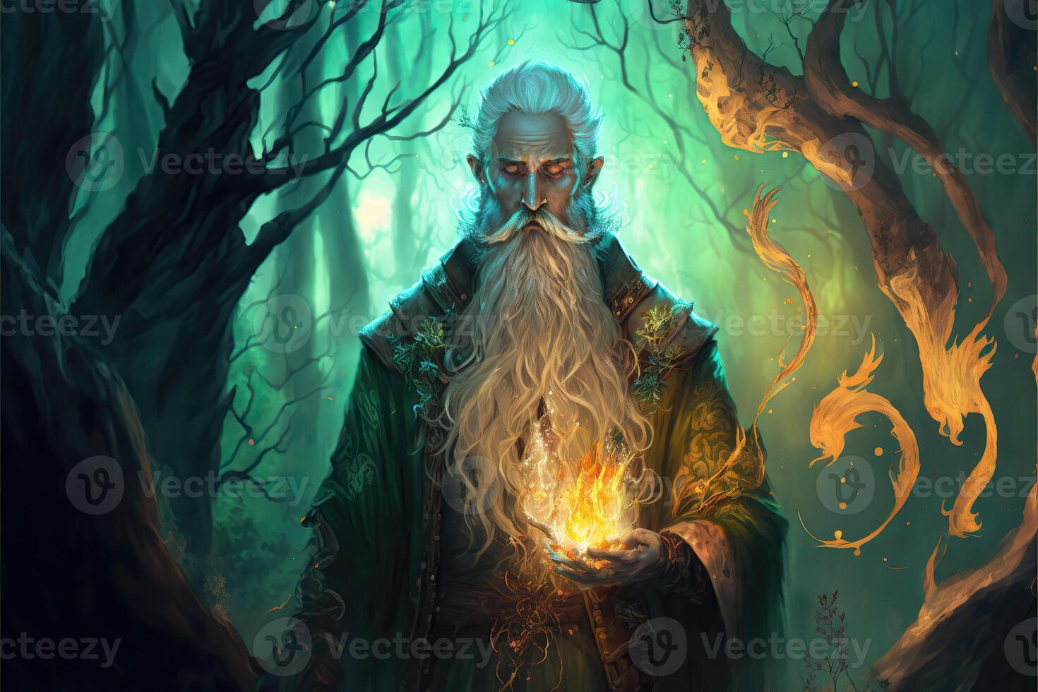 Arcane wizard with a fireball in his handarchbishop cat priest illustration photo