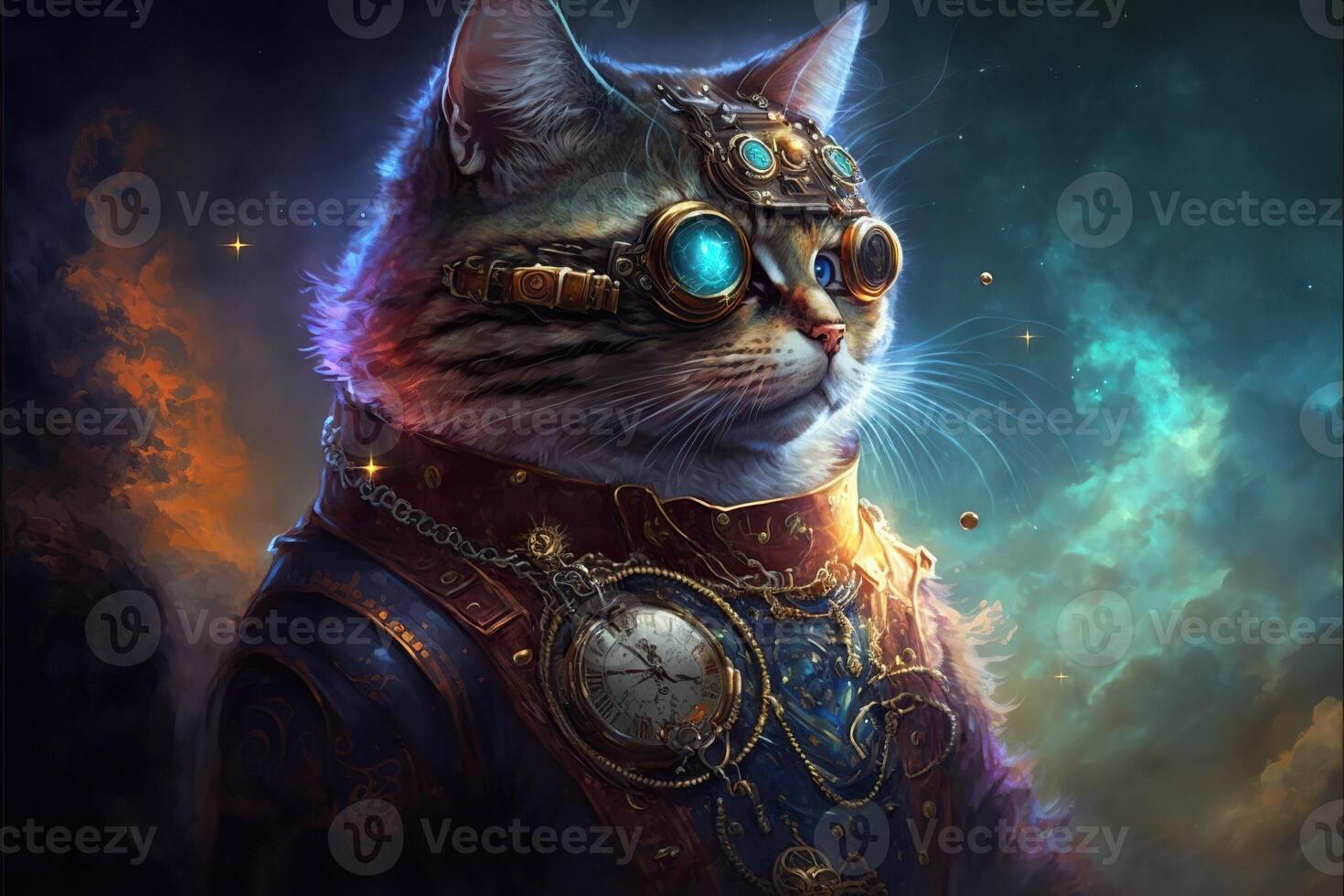 Steampunk gato con lentes en espacio ai generado foto