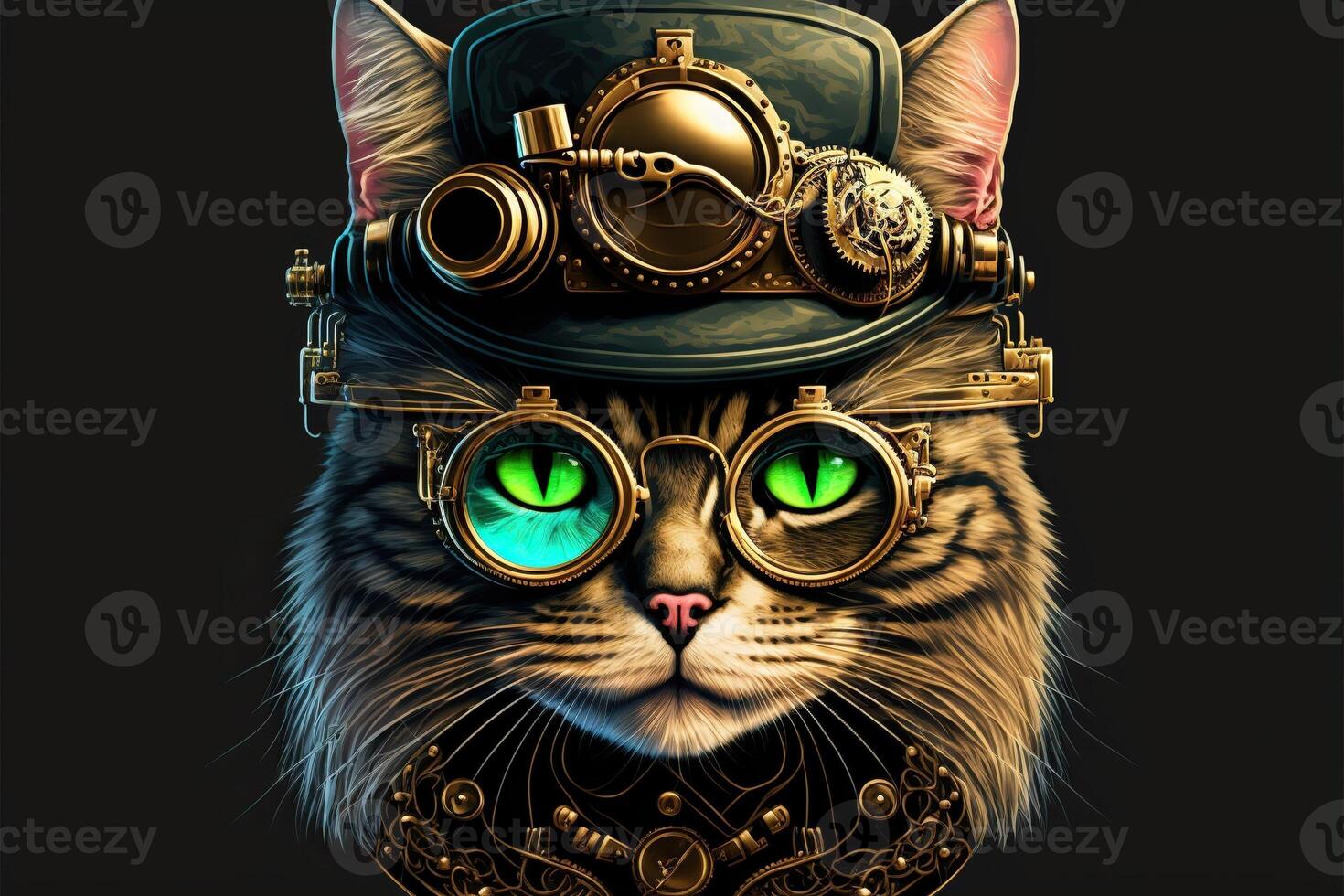 illustration of a steampunk cat grey background photo