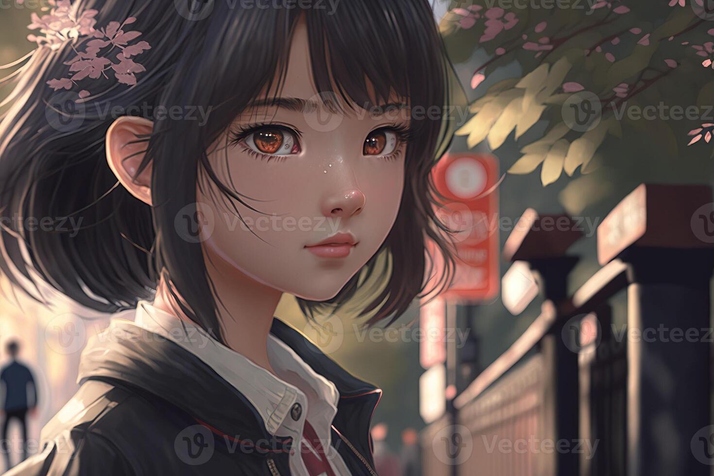 Illustration of a Japan anime schoolgirl with brown eyes and brown hairs, looks forward street in background photo