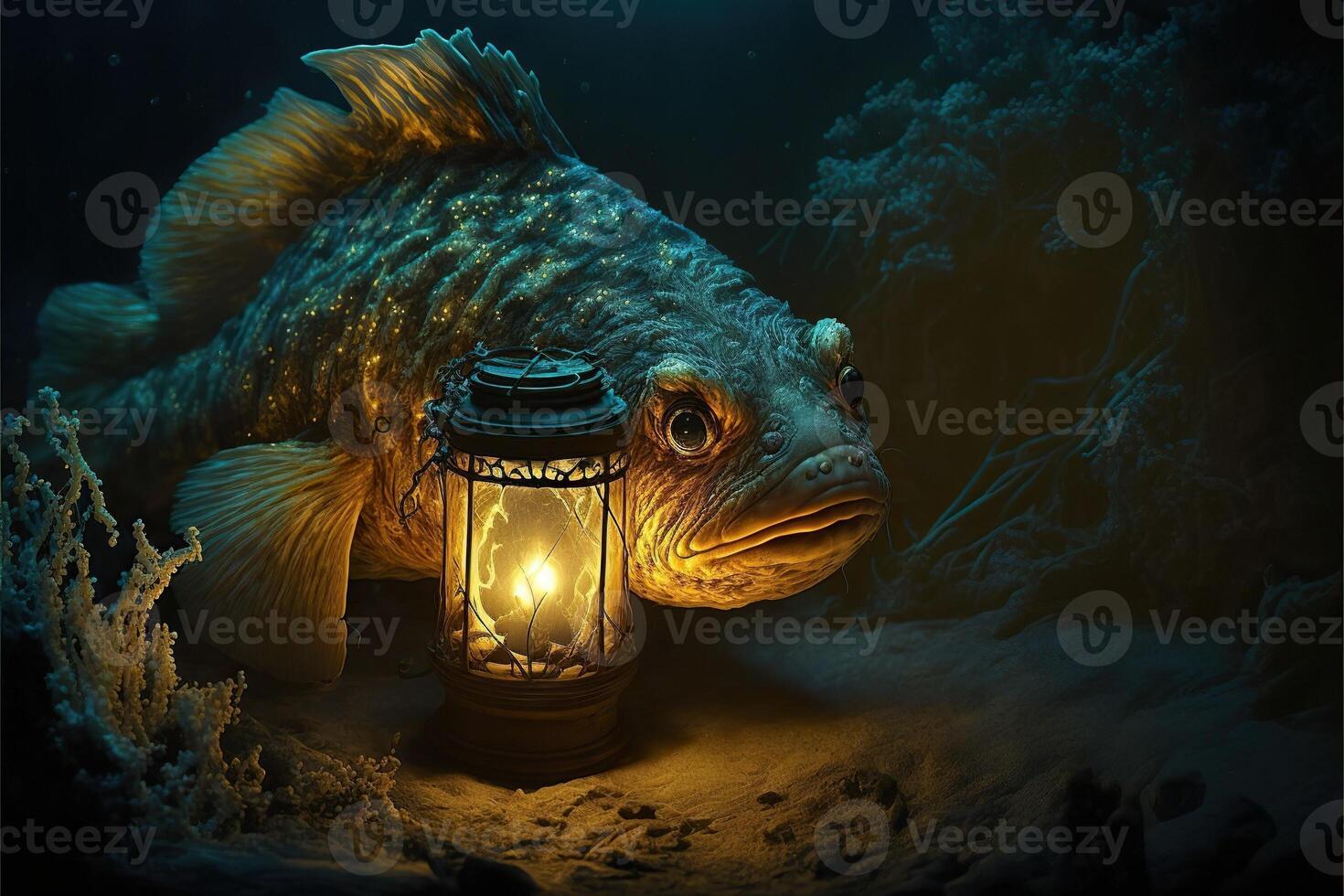 monk fiish near a lantern illustration photo