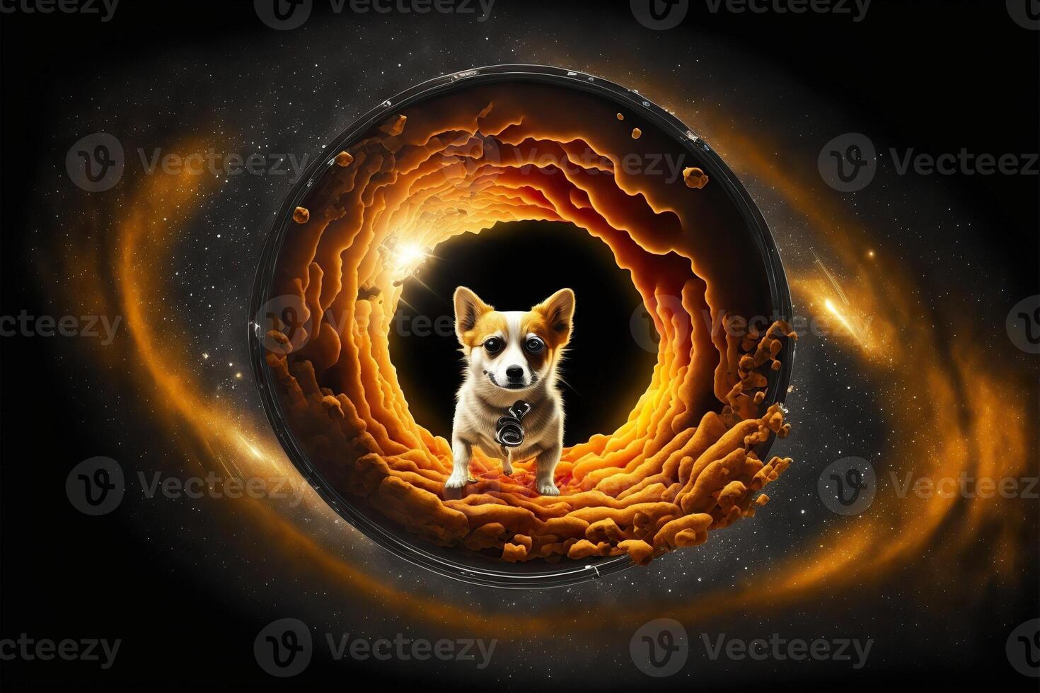 Space Dog entering in a black hole with planets and star in background llustration photo