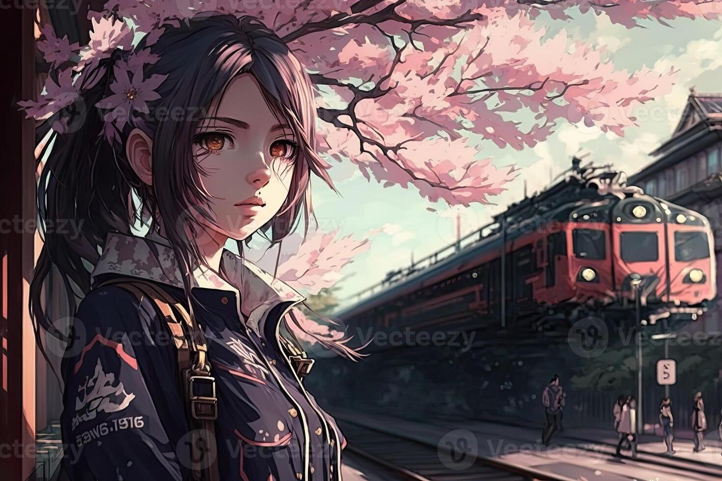 anime niña a tren estación, ai generado foto