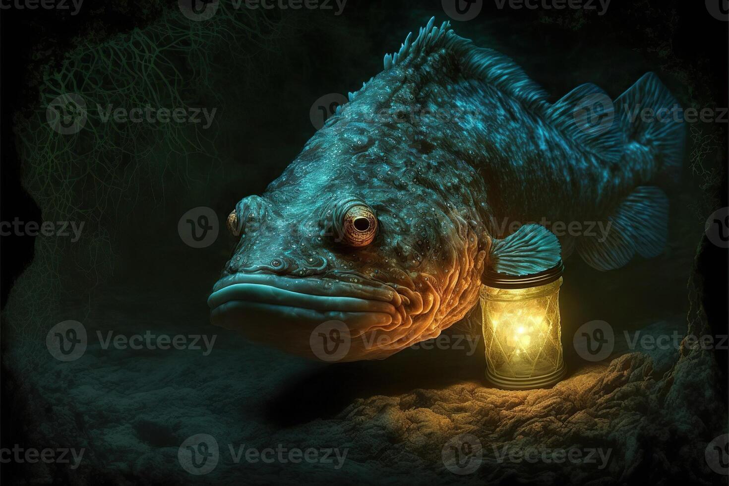 monk fiish in the deep with lanter illustration photo